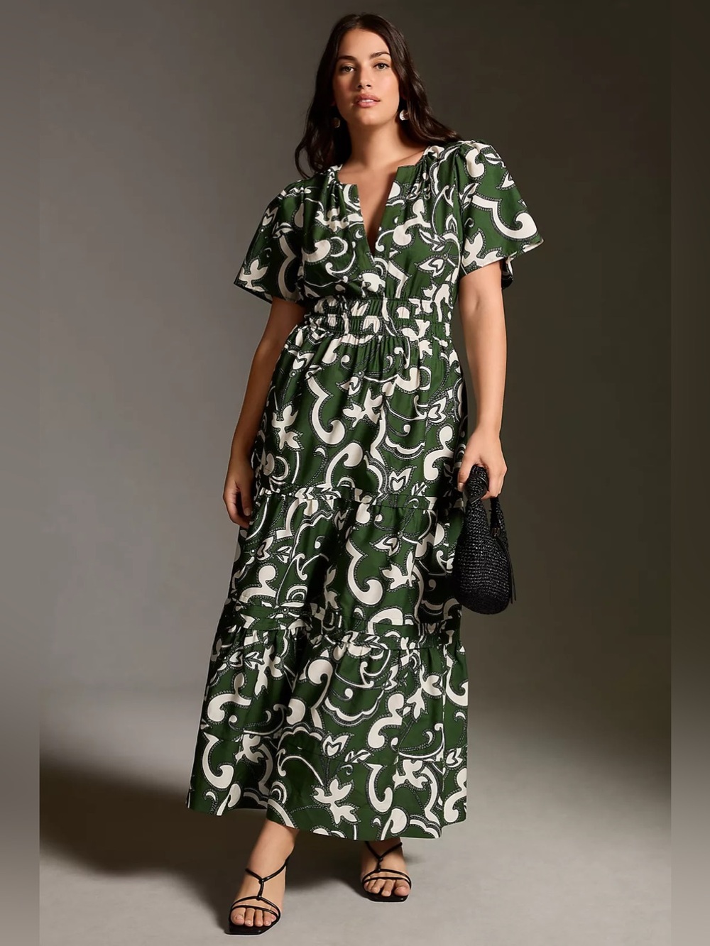 Anthropologie The Somerset Maxi Dress Green Abstract Print Size 1X Tiered Boho